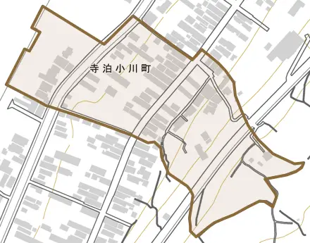 寺泊小川町とその周辺の地図。町の範囲を重ねている