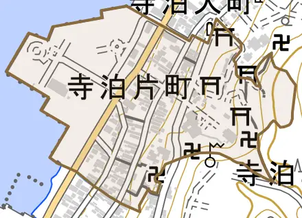 寺泊片町とその周辺の地図。町の範囲を重ねている