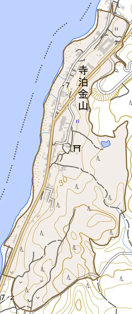 寺泊金山とその周辺の地図。町の範囲を重ねている
