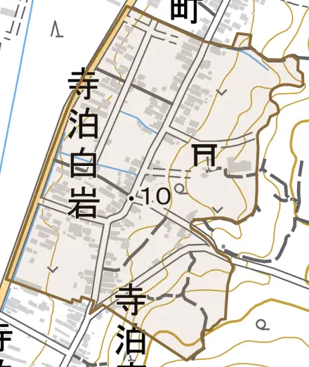 寺泊白岩とその周辺の地図。町の範囲を重ねている