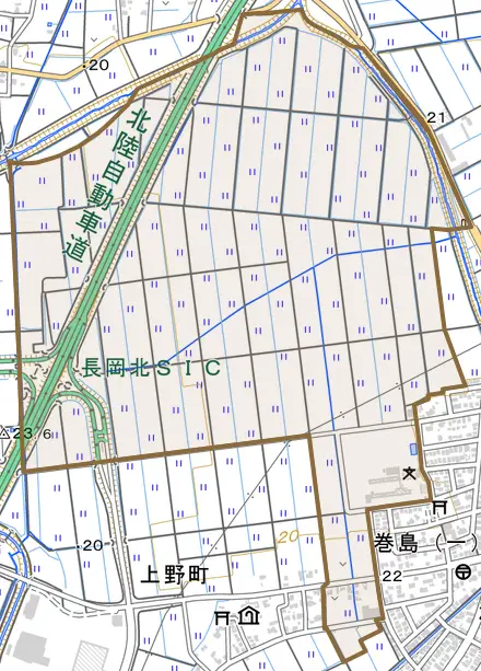 巻島町とその周辺の地図。町の範囲を重ねている