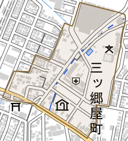 三ツ郷屋町とその周辺の地図。町の範囲を重ねている