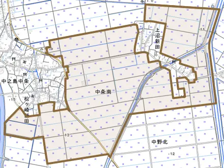 中条南とその周辺の地図。町の範囲を重ねている