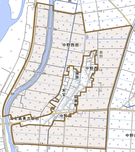 中野西部とその周辺の地図。町の範囲を重ねている