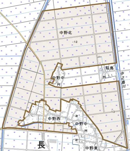 中野北とその周辺の地図。町の範囲を重ねている