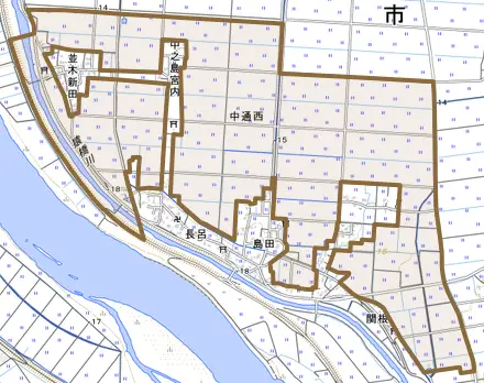 中通西とその周辺の地図。町の範囲を重ねている