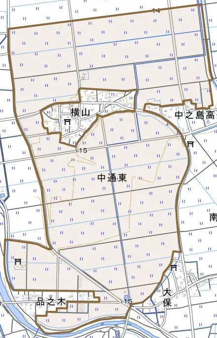 中通東とその周辺の地図。町の範囲を重ねている