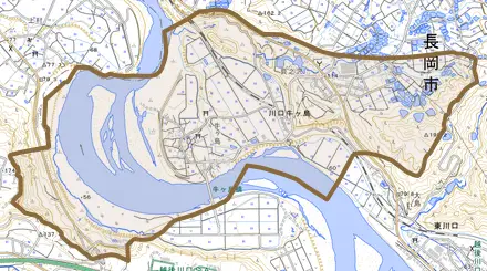 川口牛ケ島とその周辺の地図。町の範囲を重ねている