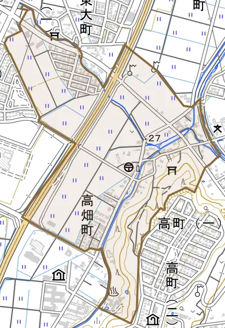 高畑町とその周辺の地図。町の範囲を重ねている