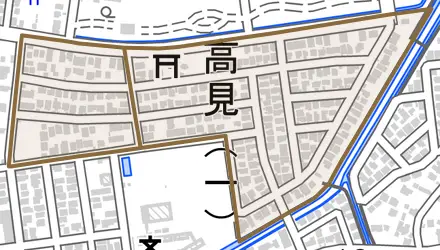 高見とその周辺の地図。町の範囲を重ねている