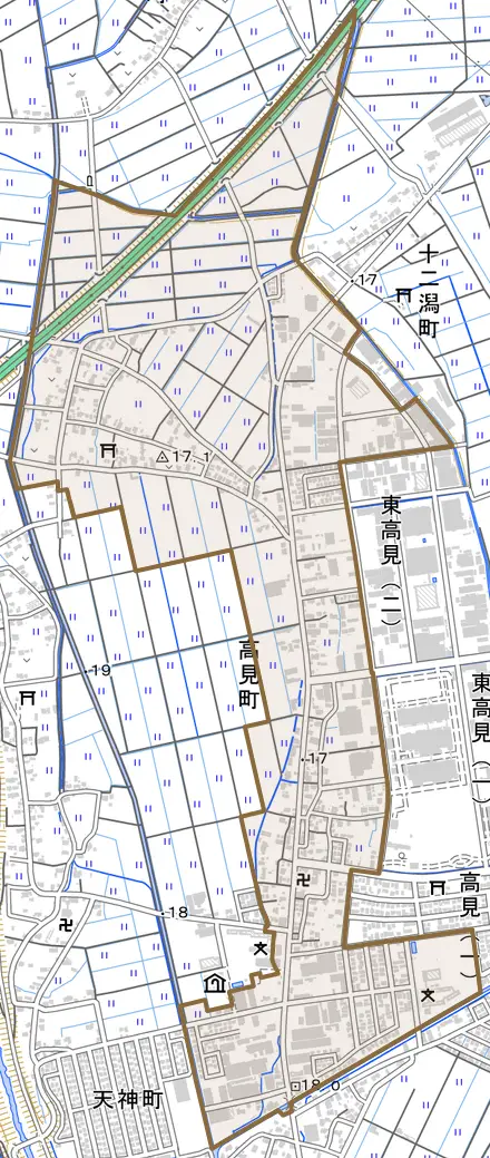 高見町とその周辺の地図。町の範囲を重ねている