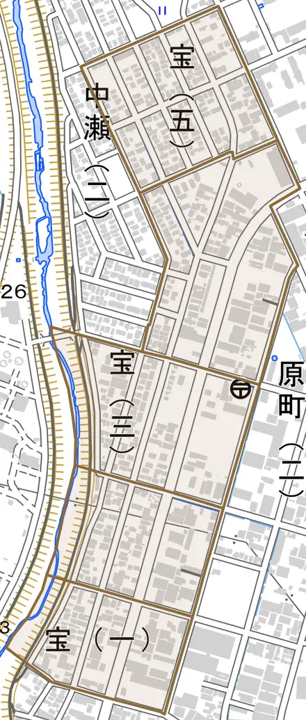 宝とその周辺の地図。町の範囲を重ねている