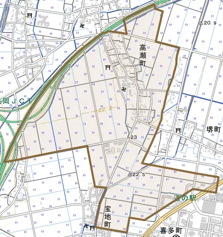 高瀬町とその周辺の地図。町の範囲を重ねている