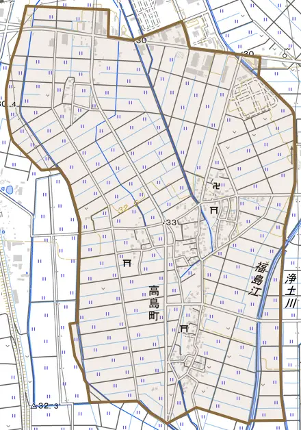 高島町とその周辺の地図。町の範囲を重ねている