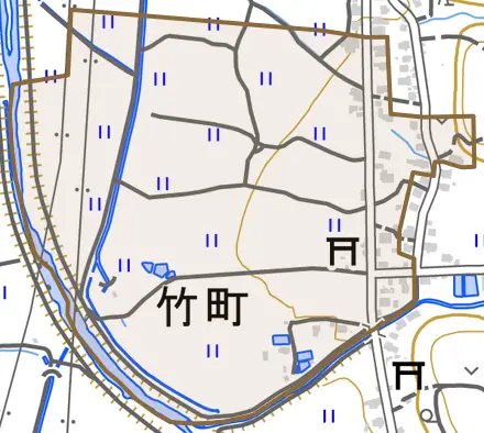 竹町とその周辺の地図。町の範囲を重ねている