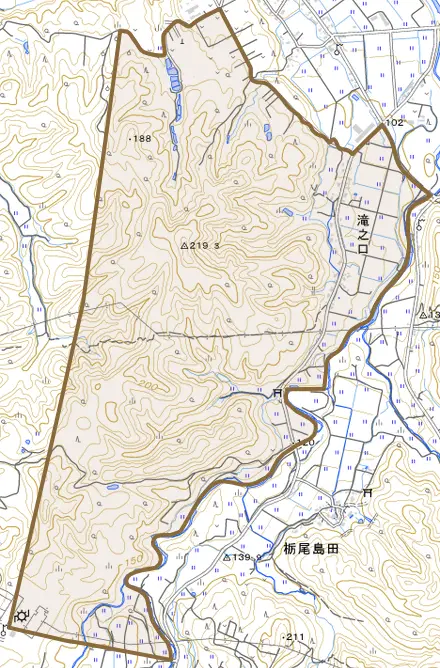 滝之口とその周辺の地図。町の範囲を重ねている