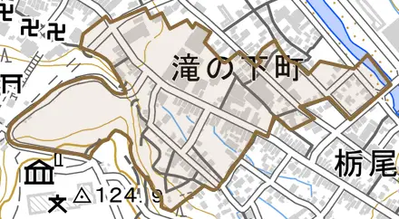 滝の下町とその周辺の地図。町の範囲を重ねている