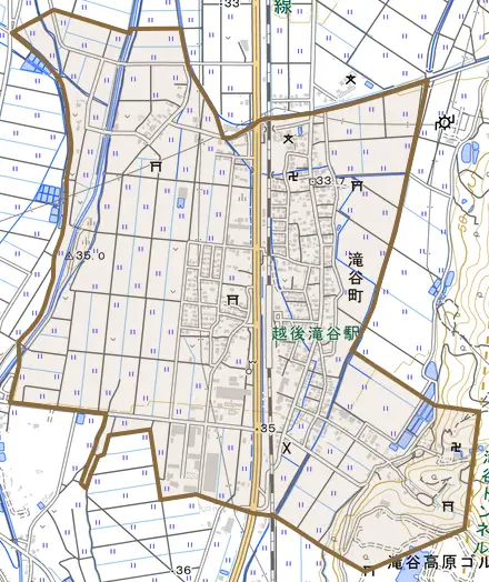 滝谷町とその周辺の地図。町の範囲を重ねている