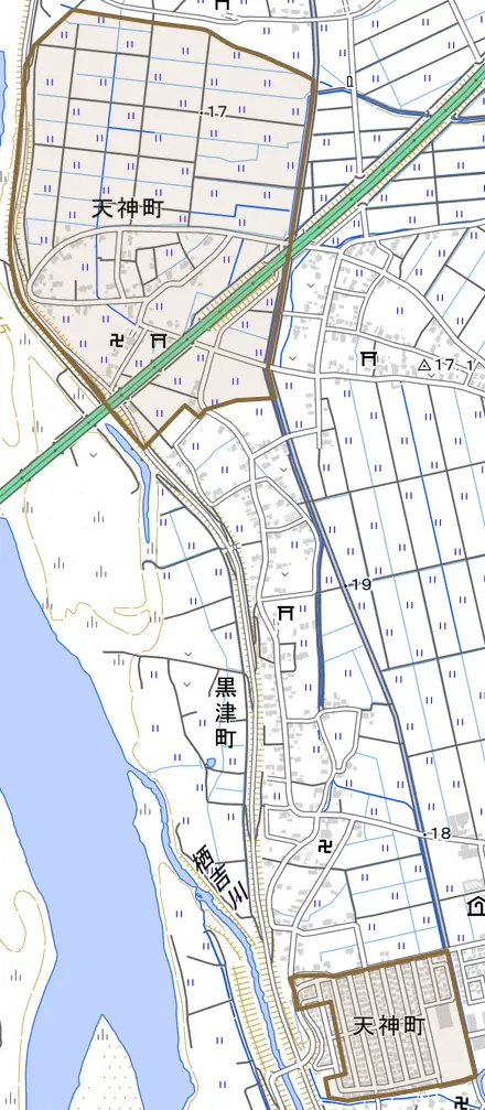 天神町とその周辺の地図。町の範囲を重ねている