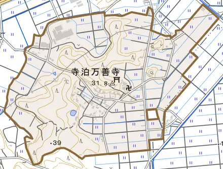 寺泊万善寺とその周辺の地図。町の範囲を重ねている