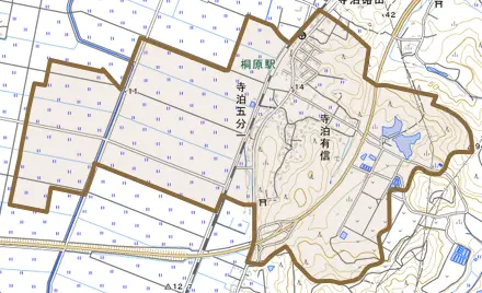 寺泊五分一とその周辺の地図。町の範囲を重ねている