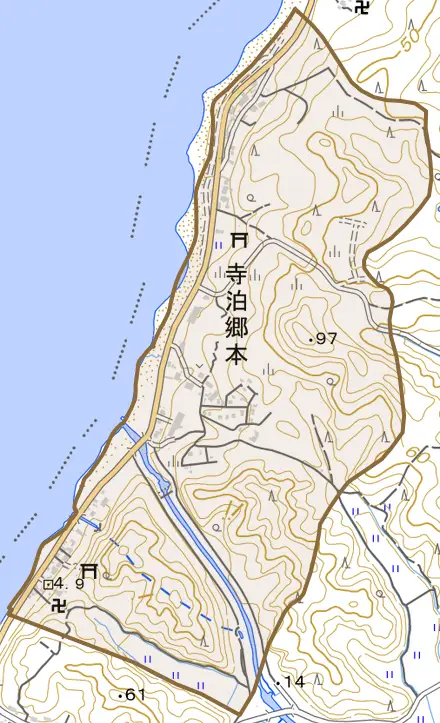 寺泊郷本とその周辺の地図。町の範囲を重ねている