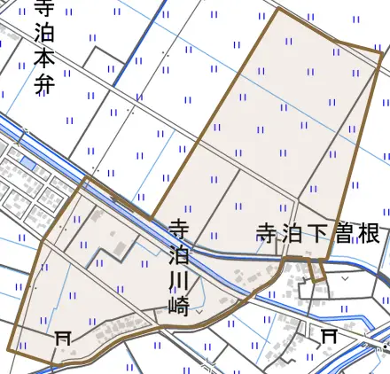 寺泊川崎とその周辺の地図。町の範囲を重ねている