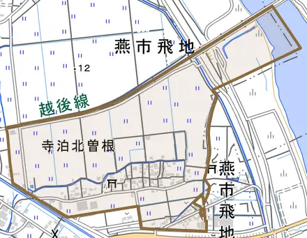 寺泊北曽根とその周辺の地図。町の範囲を重ねている
