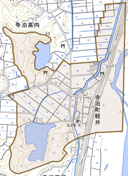 寺泊町軽井とその周辺の地図。町の範囲を重ねている