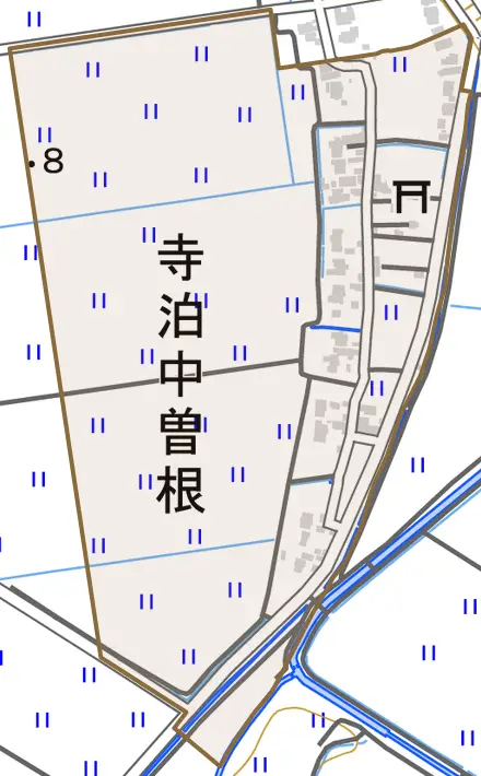 寺泊中曽根とその周辺の地図。町の範囲を重ねている