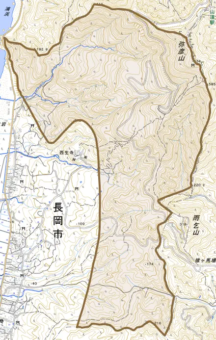 寺泊野積とその周辺の地図。町の範囲を重ねている