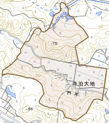 寺泊大地とその周辺の地図。町の範囲を重ねている