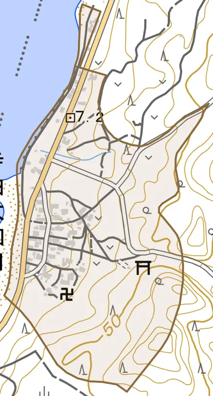 寺泊大和田とその周辺の地図。町の範囲を重ねている