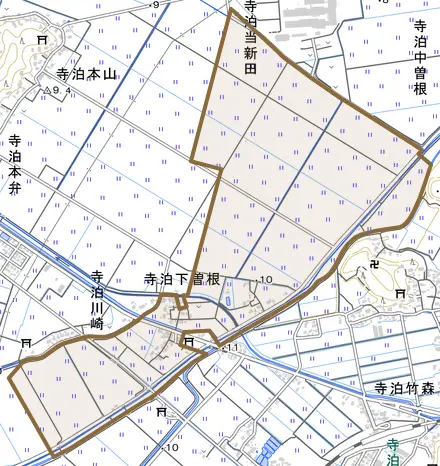 寺泊下曽根とその周辺の地図。町の範囲を重ねている