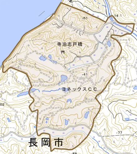寺泊志戸橋とその周辺の地図。町の範囲を重ねている