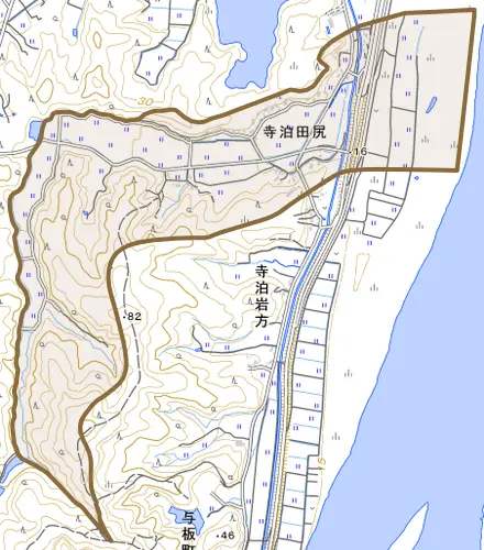 寺泊田尻とその周辺の地図。町の範囲を重ねている
