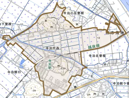 寺泊竹森とその周辺の地図。町の範囲を重ねている