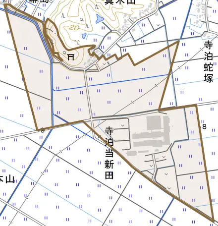 寺泊当新田とその周辺の地図。町の範囲を重ねている