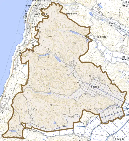 寺泊年友とその周辺の地図。町の範囲を重ねている