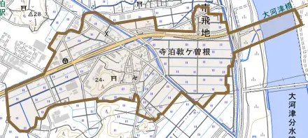 寺泊敦ケ曽根とその周辺の地図。町の範囲を重ねている