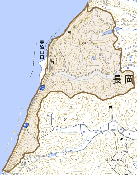 寺泊山田とその周辺の地図。町の範囲を重ねている