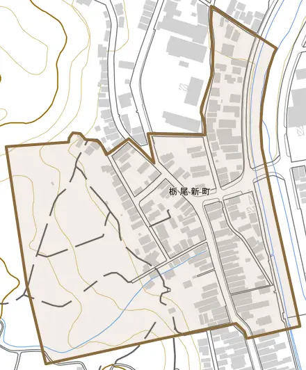 栃尾新町とその周辺の地図。町の範囲を重ねている