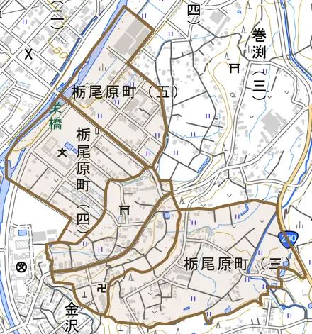 栃尾原町とその周辺の地図。町の範囲を重ねている