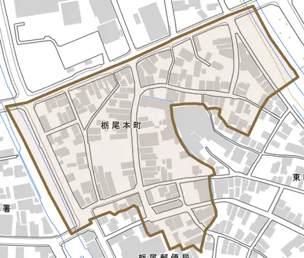 栃尾本町とその周辺の地図。町の範囲を重ねている