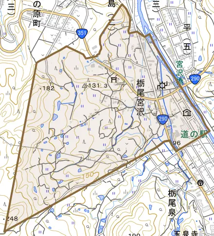 栃尾宮沢とその周辺の地図。町の範囲を重ねている
