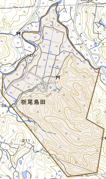 栃尾島田とその周辺の地図。町の範囲を重ねている