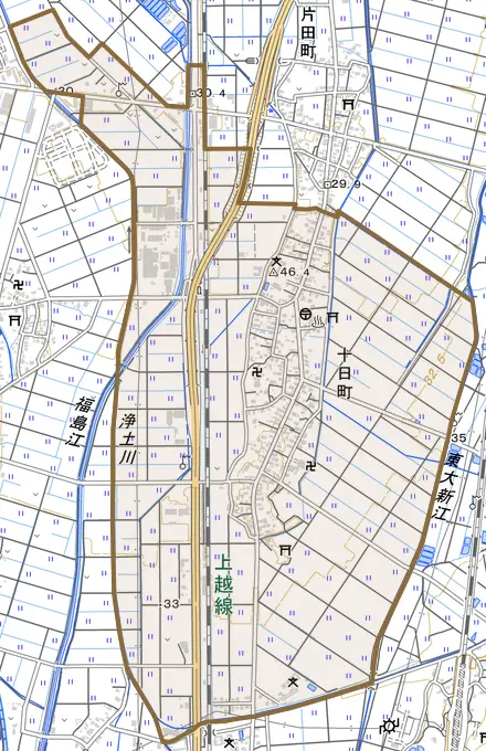 十日町とその周辺の地図。町の範囲を重ねている