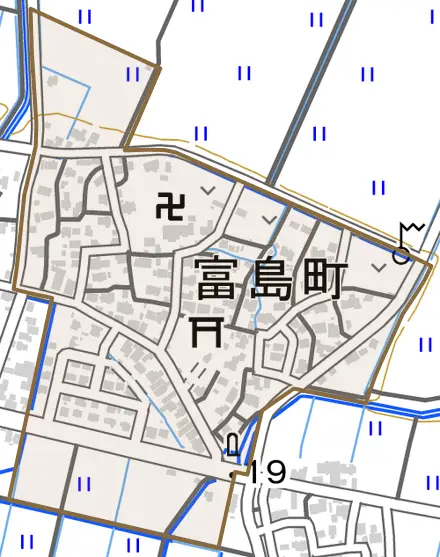 富島町とその周辺の地図。町の範囲を重ねている