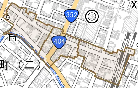 殿町とその周辺の地図。町の範囲を重ねている