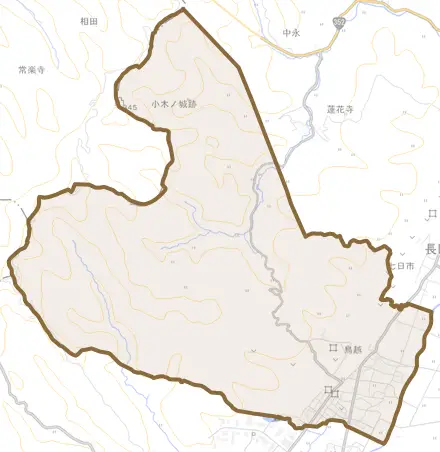 鳥越とその周辺の地図。町の範囲を重ねている